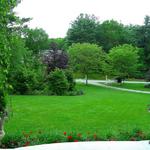 Large planting beds add interest to view from front entrance